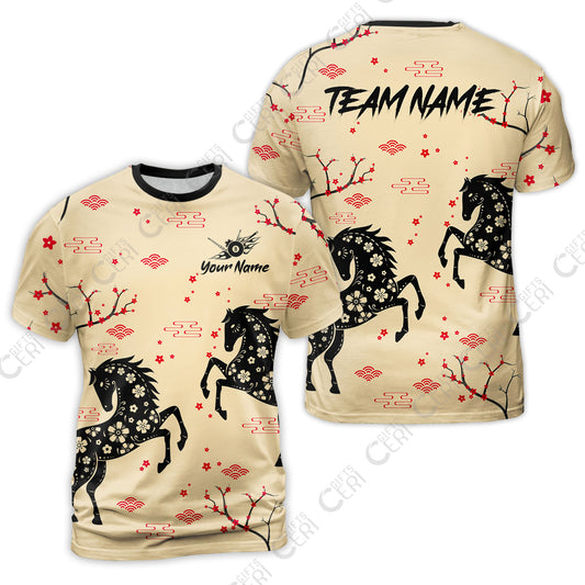 Customized 8 Ball Pool T-Shirt, Floral Pattern Horse Cherry Blossom, Personalized Billiards Jersey