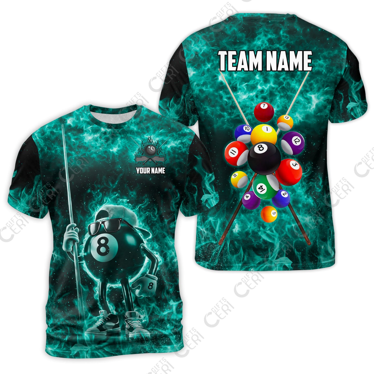 Customized 8 Ball Pool T-Shirt, 8-Ball Wearing Cap And Sunglasses Flaming Burn, Billiard Jerseys