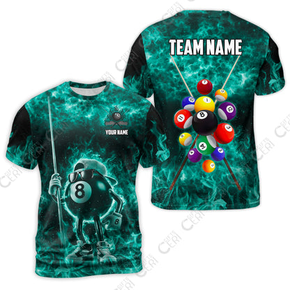 Customized 8 Ball Pool T-Shirt, 8-Ball Wearing Cap And Sunglasses Flaming Burn, Billiard Jerseys