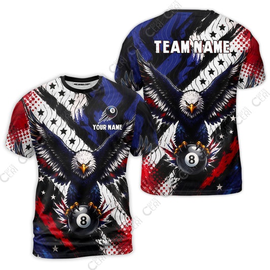 Customized 8 Ball Pool T-Shirt, Eagle Holding Ball American Flag 8-ball, Personalized Billiards Jersey