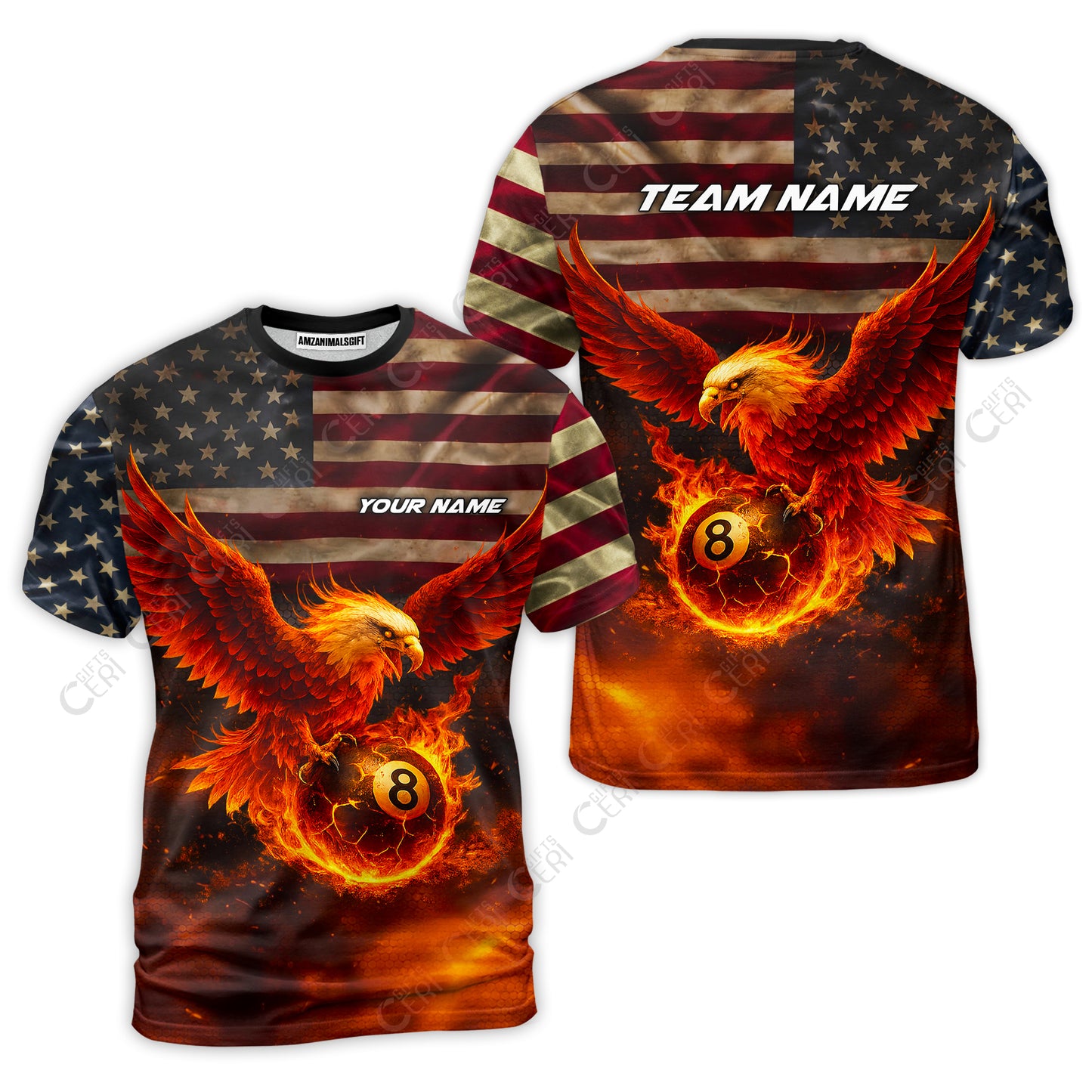 Customized 8 Ball Pool T-Shirt, Billiards 8-Ball American Flag Fire Eagle, Billiards Jerseys