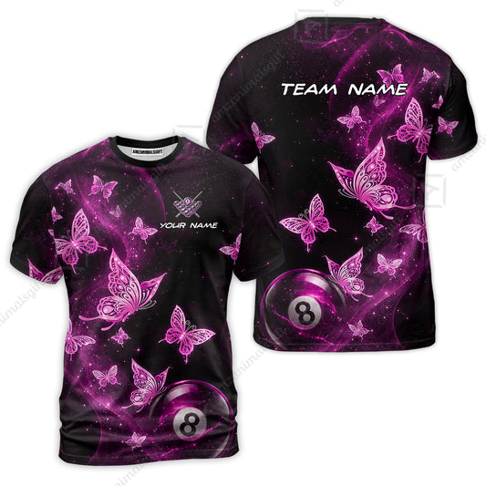 Customized 8 Ball Pool T-Shirt, Galaxy And Butterflies, Personalized Billiards Jersey