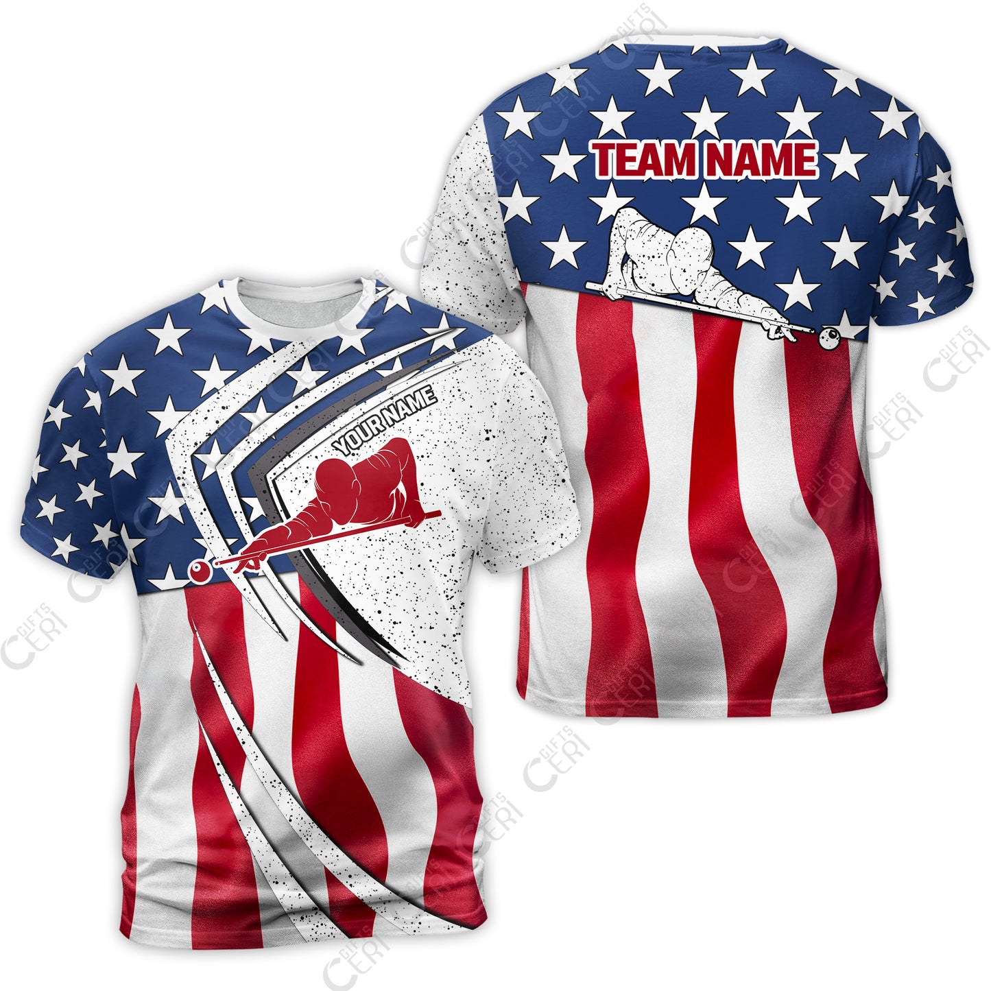 Customized Billiards T-Shirt, Billiards Player Silhouette With American Flag, Billiards Jerseys