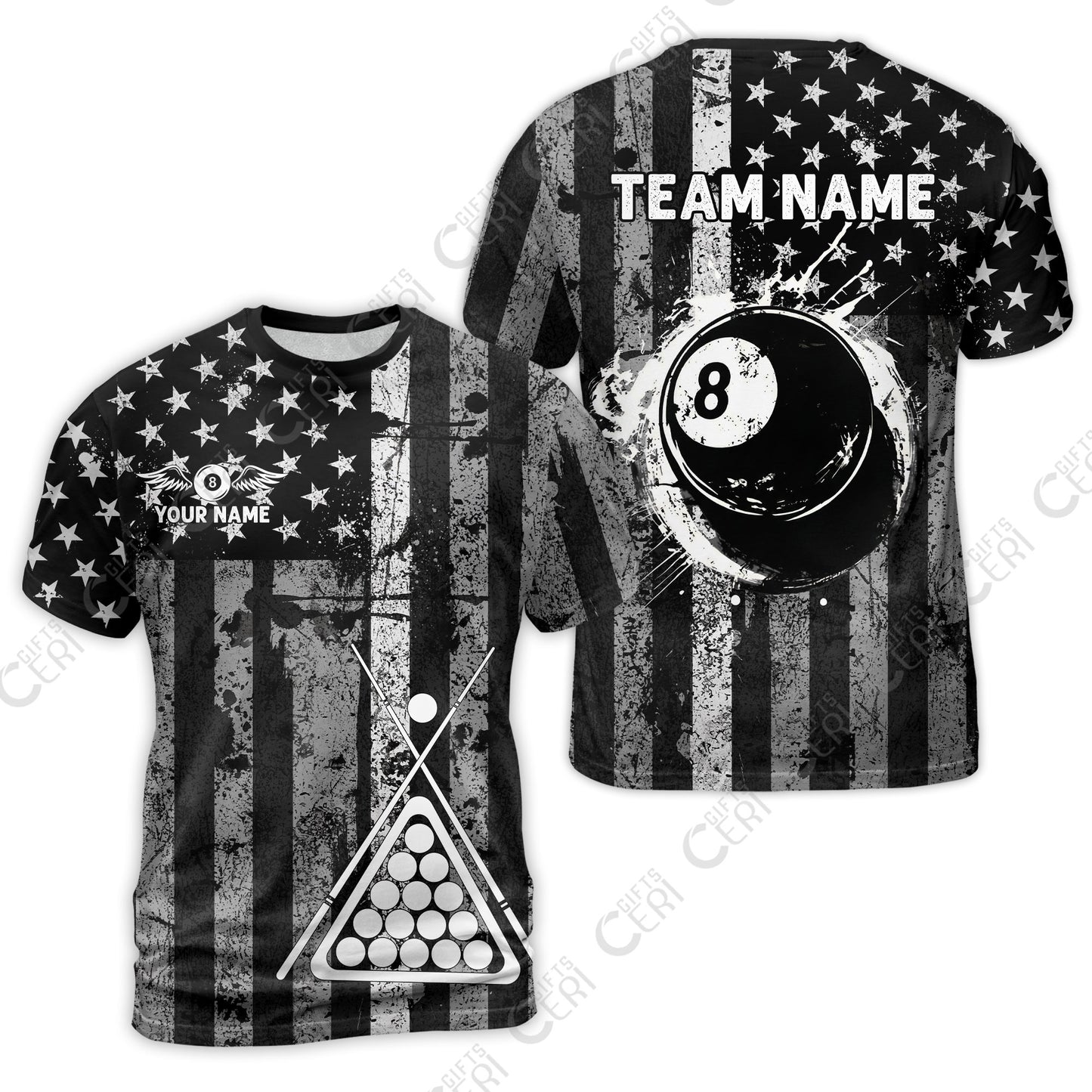 Customized 8 Ball Pool T-Shirt, Distressed American Flag Pattern, Billiards Jerseys