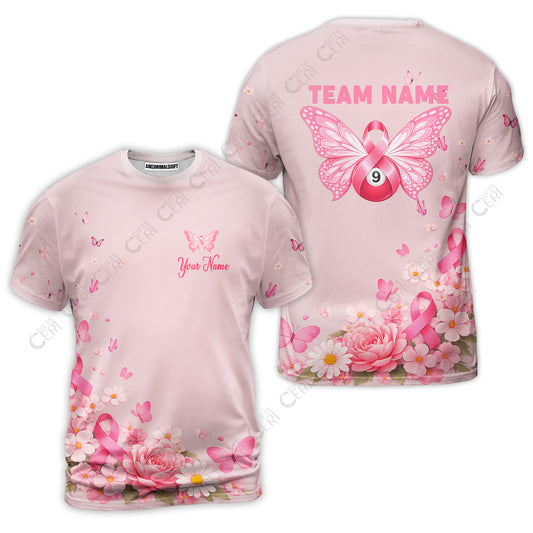 Customized 9 Ball Pool T-Shirt, Floral Butterfly Billiards 9-Ball, Personalized Billiards Jersey