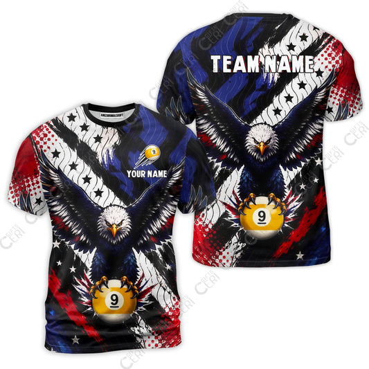 Customized 9 Ball Pool T-Shirt, Eagle Holding Ball American Flag 9-ball, Personalized Billiards Jersey