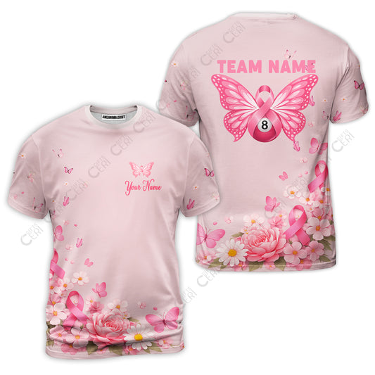 Customized 8 Ball Pool T-Shirt, Floral Butterfly Billiards 8-Ball, Personalized Billiards Jersey