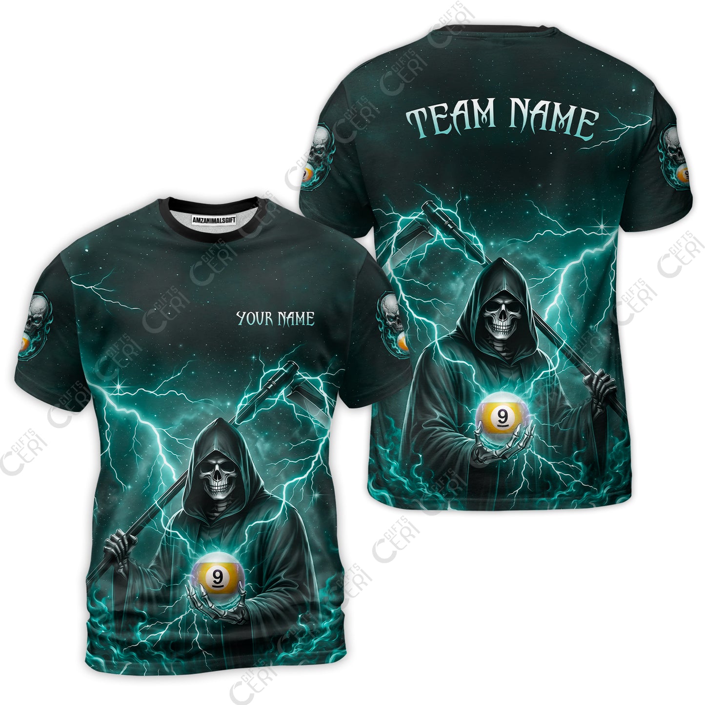 Customized 9 Ball Pool T-Shirt, Lightning And Flame Grim Reaper With 9 Ball, Personalized Billiards Jersey