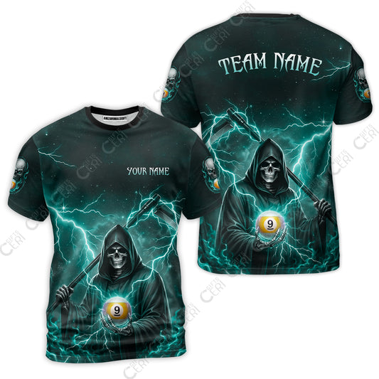 Customized 9 Ball Pool T-Shirt, Lightning And Flame Grim Reaper With 9 Ball, Personalized Billiards Jersey