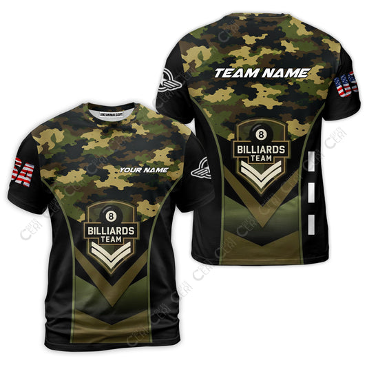 Customized 8 Ball Pool T-Shirt, Camo Billiards Elite Billiard 8-Ball, Billiards Jerseys