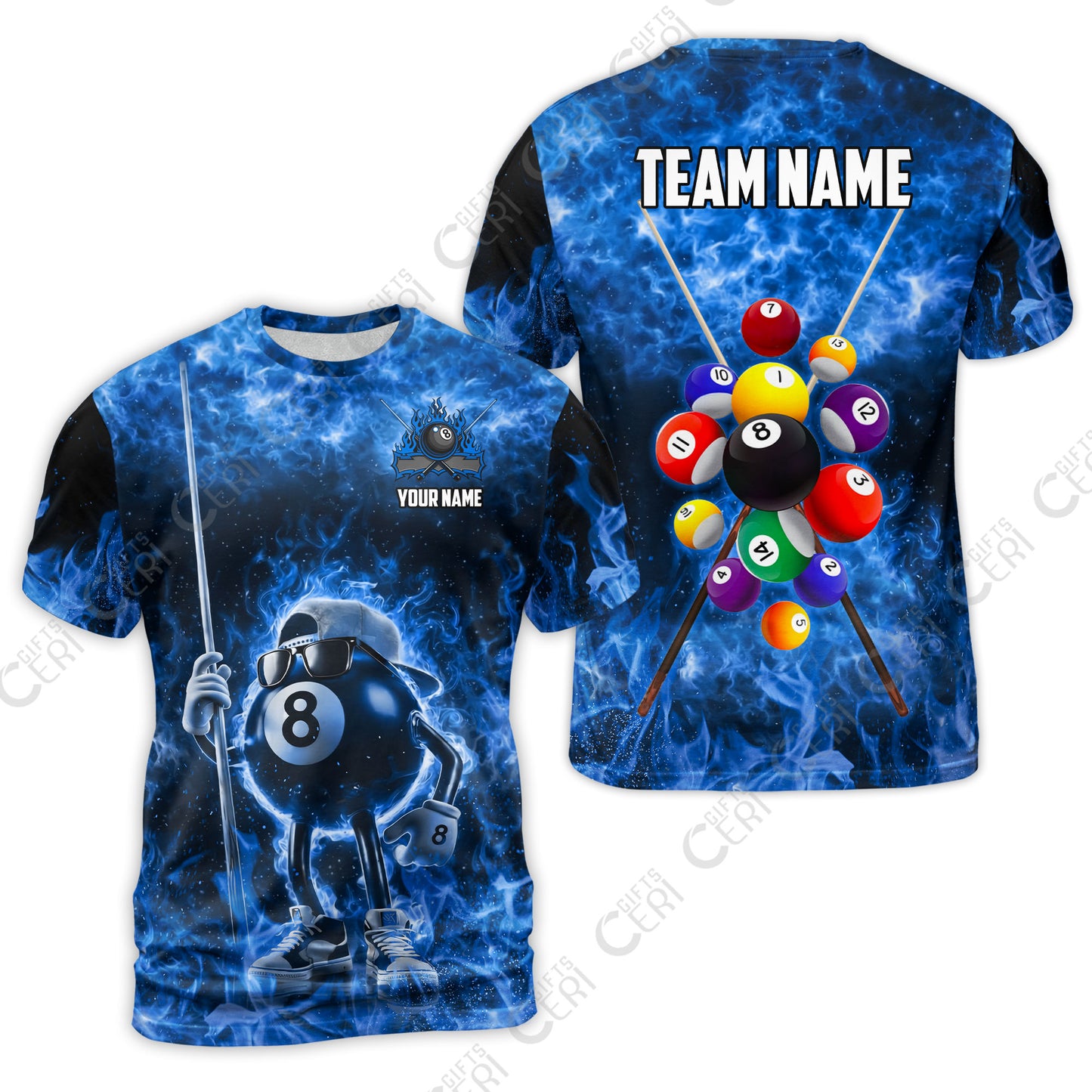 Customized 8 Ball Pool T-Shirt, 8-Ball Wearing Cap And Sunglasses Flaming Burn, Billiard Jerseys