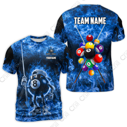 Customized 8 Ball Pool T-Shirt, 8-Ball Wearing Cap And Sunglasses Flaming Burn, Billiard Jerseys