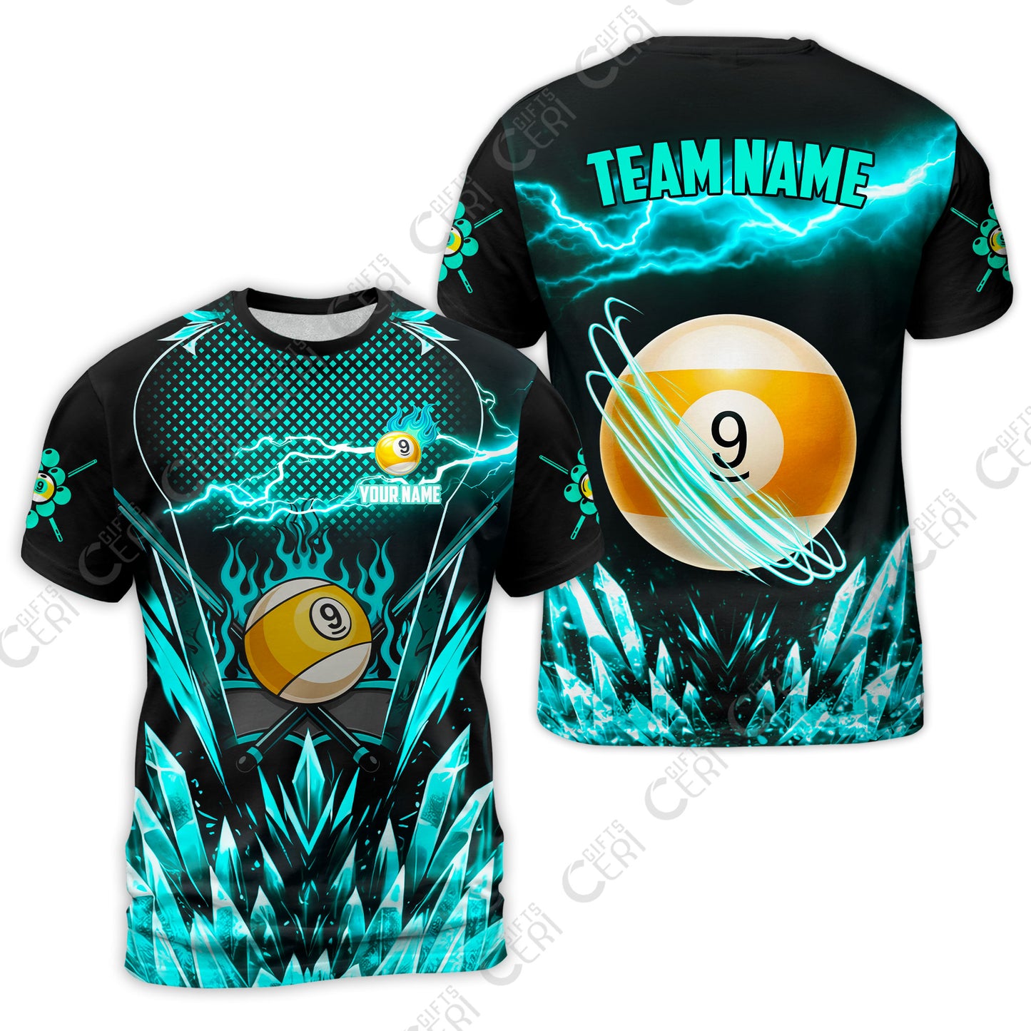 Customized 9 Ball Pool T-Shirt, Electric Lightning Crystal, Billiards Jerseys