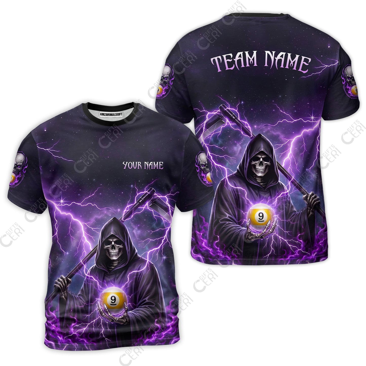 Customized 9 Ball Pool T-Shirt, Lightning And Flame Grim Reaper With 9 Ball, Personalized Billiards Jersey