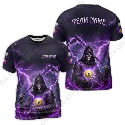 Customized 9 Ball Pool T-Shirt, Lightning And Flame Grim Reaper With 9 Ball, Personalized Billiards Jersey