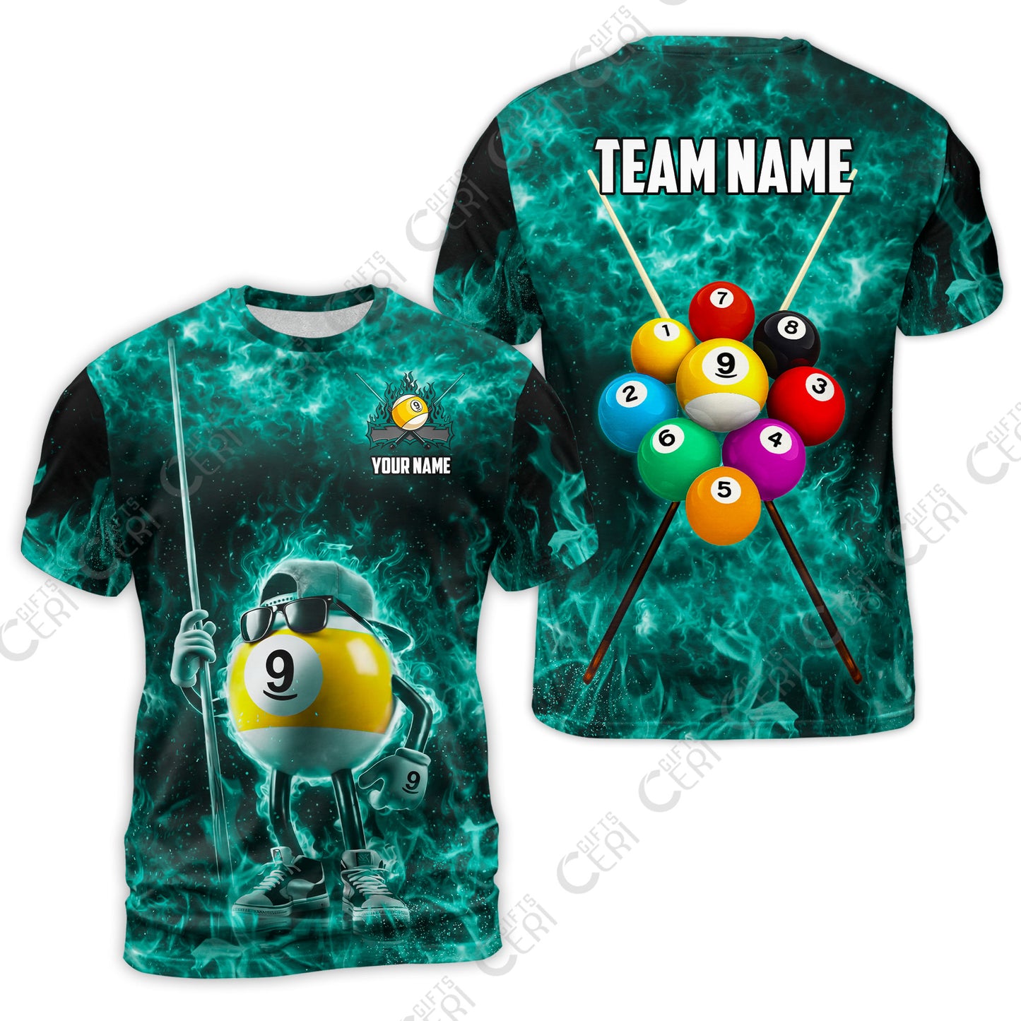Customized 9 Ball Pool T-Shirt, 9-Ball Wearing Cap And Sunglasses Flaming Burn, Billiard Jerseys