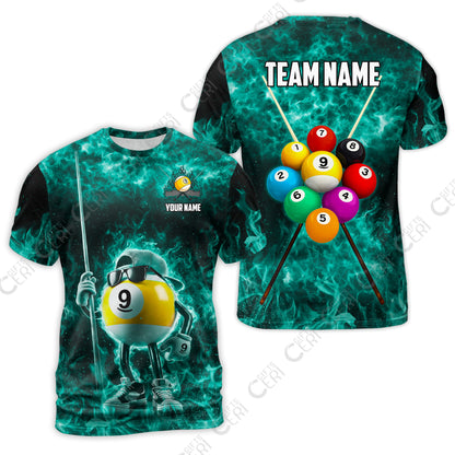 Customized 9 Ball Pool T-Shirt, 9-Ball Wearing Cap And Sunglasses Flaming Burn, Billiard Jerseys