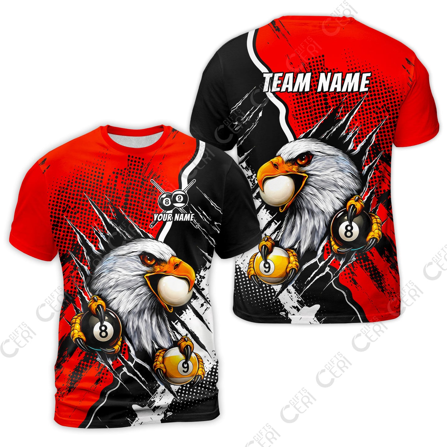 Customized Billiards T-Shirt, 8 & 9 Ball Billiard Eagle Comic Dot Halftone Background Color, Billiards Jerseys