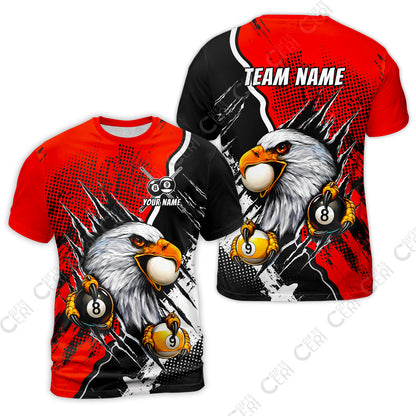 Customized Billiards T-Shirt, 8 & 9 Ball Billiard Eagle Comic Dot Halftone Background Color, Billiards Jerseys
