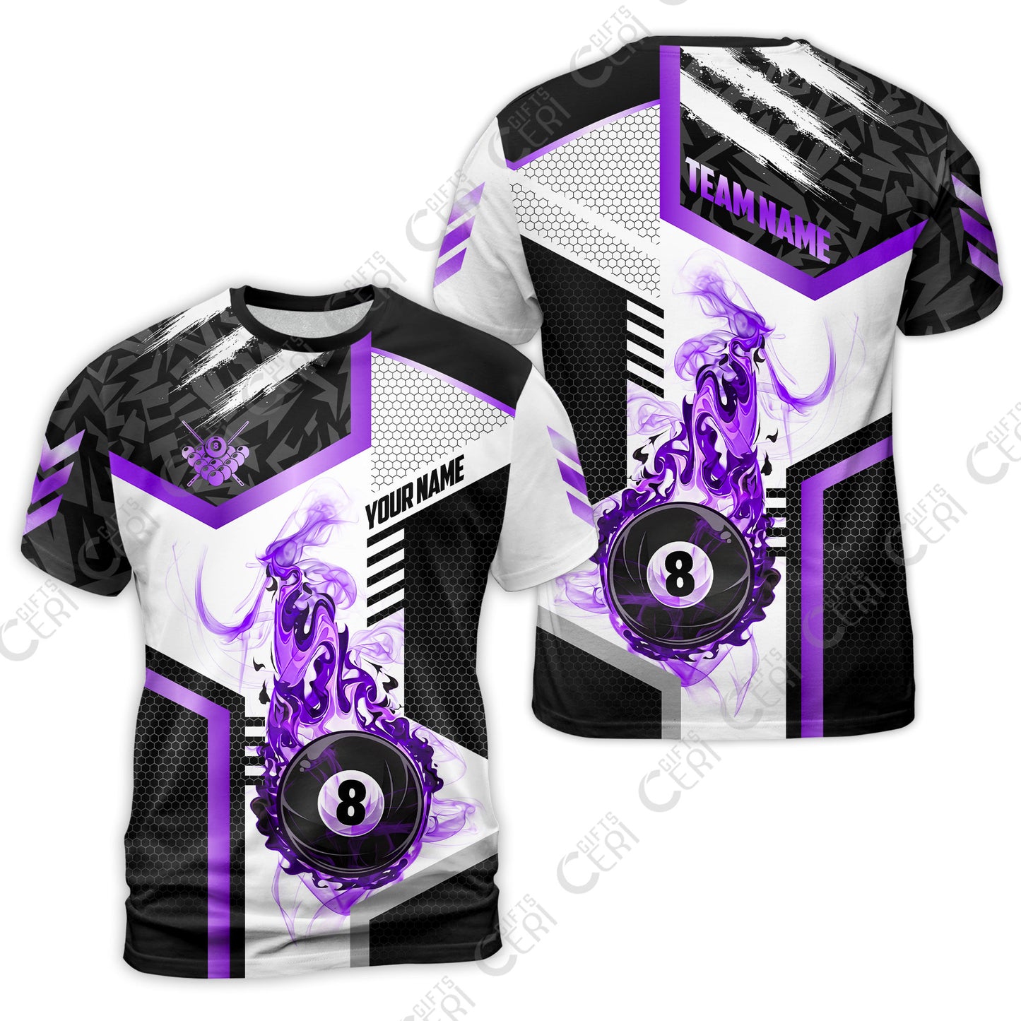Customized Billiards T-Shirt, Flaming 8-Ball Graphic, 8 Ball Pool Jersey