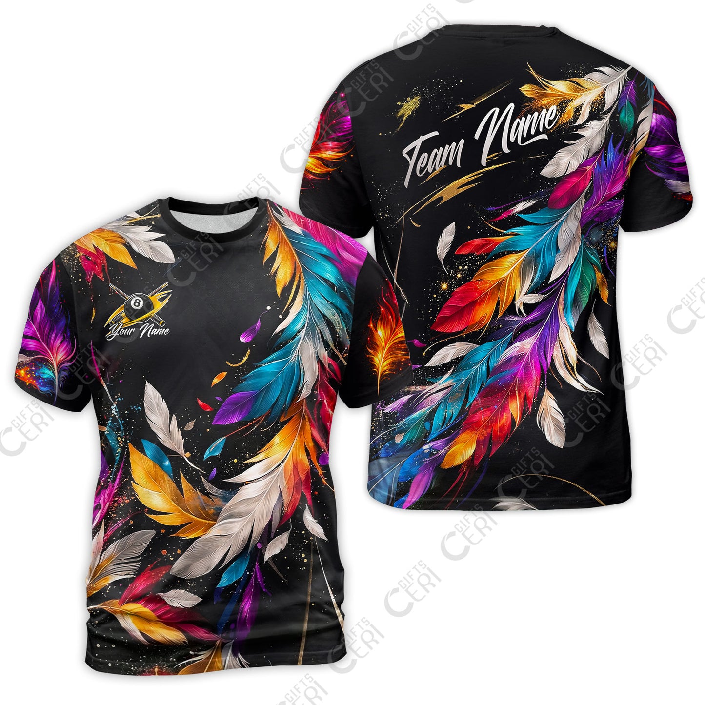 Customized 8 Ball Pool T-Shirt, Feather Splash Billiard 8-Ball, Personalized Billiards Jersey