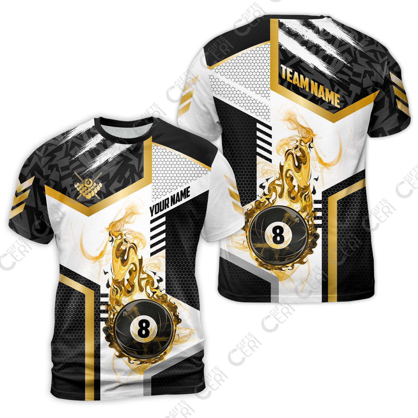 Customized Billiards T-Shirt, Flaming 8-Ball Graphic, 8 Ball Pool Jersey