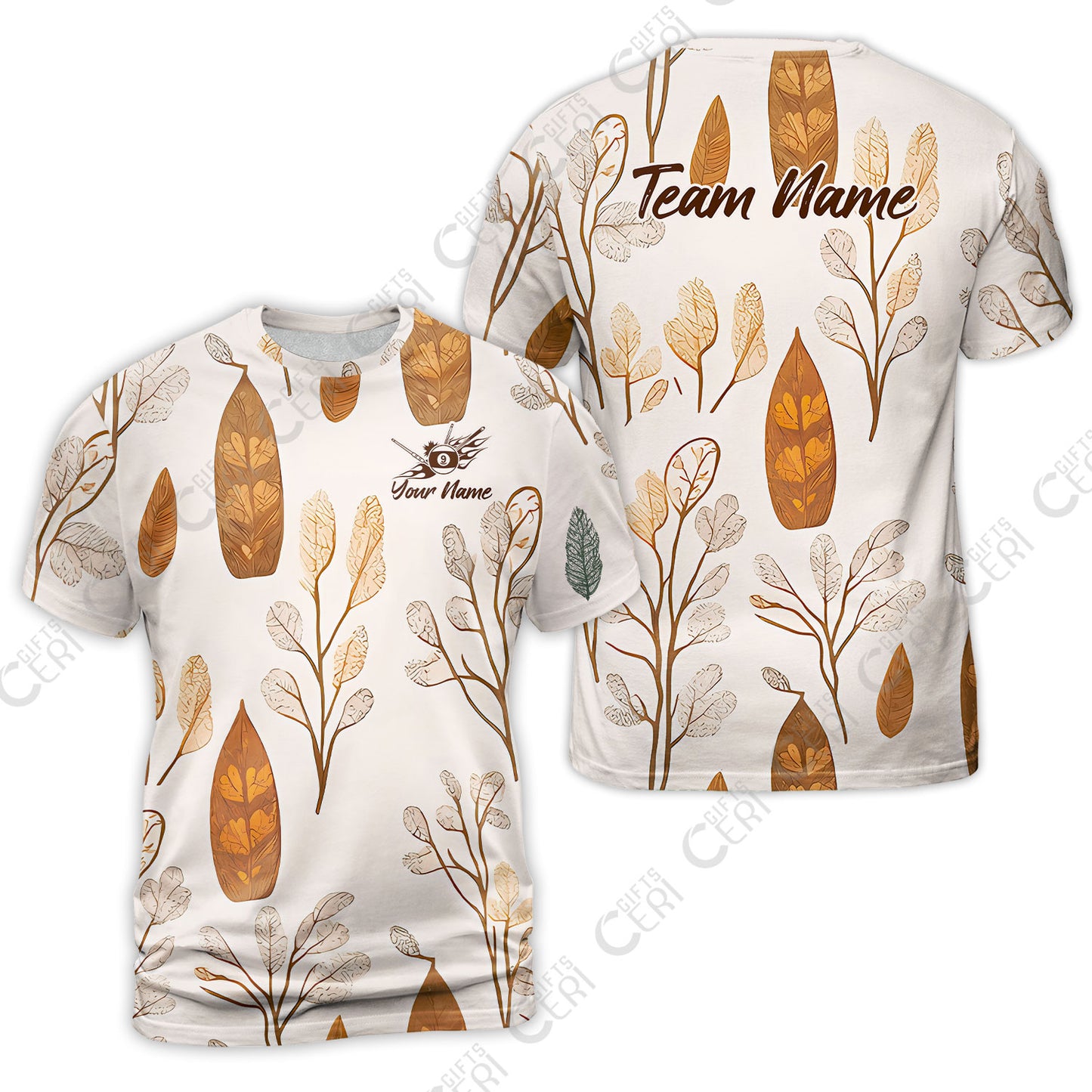 Customized 9 Ball Pool T-Shirt, Leaves Pattern Billiard 9-ball, Personalized Billiards Jersey
