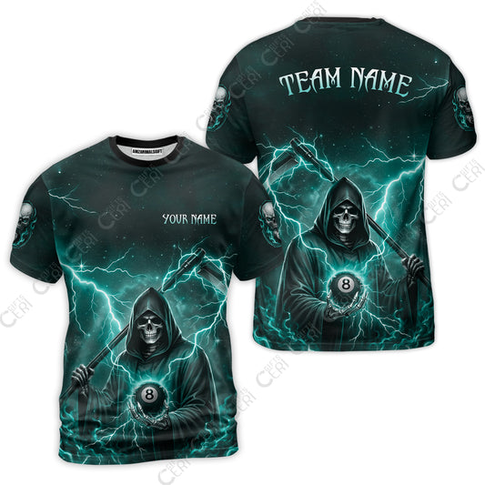 Customized 8 Ball Pool T-Shirt, Lightning And Flame Grim Reaper With 8 Ball, Personalized Billiards Jersey