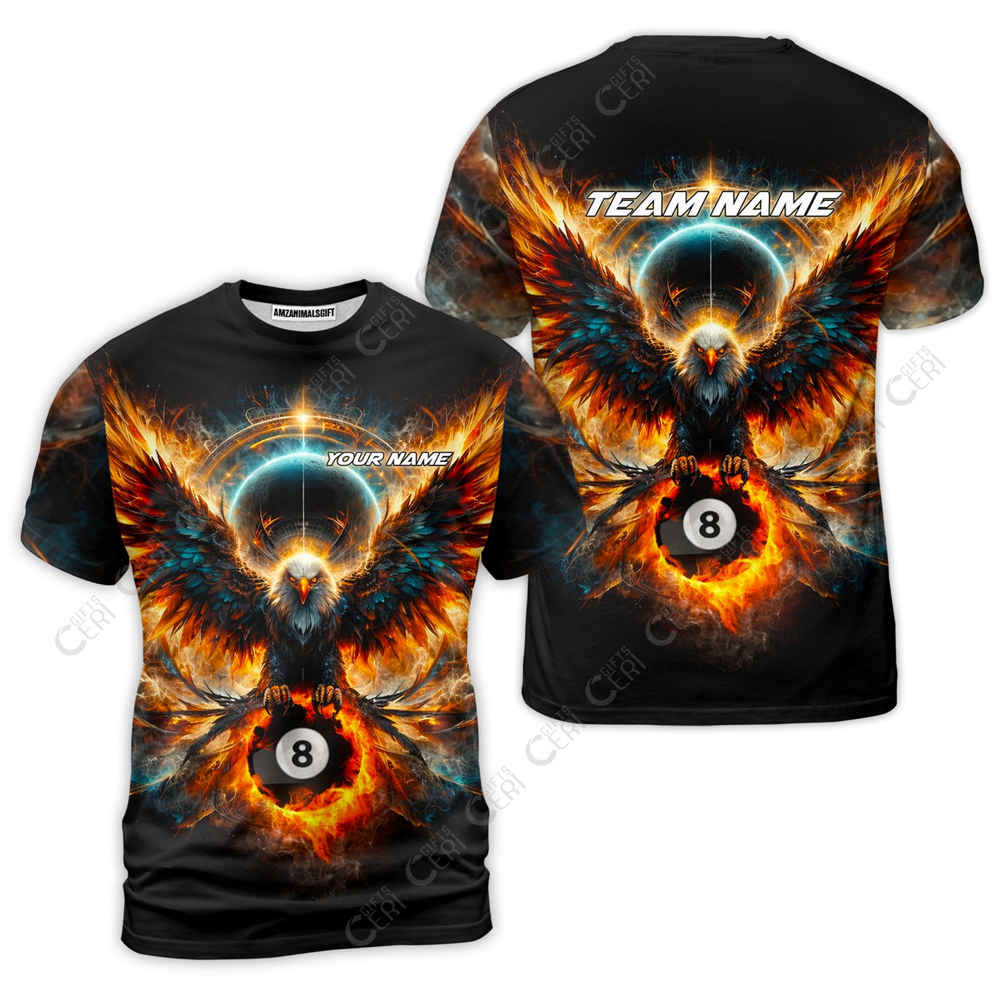 Customized 8 Ball Pool T-Shirt, Billiard Phantom 8-Ball Flame Eagle, Billiards Jerseys