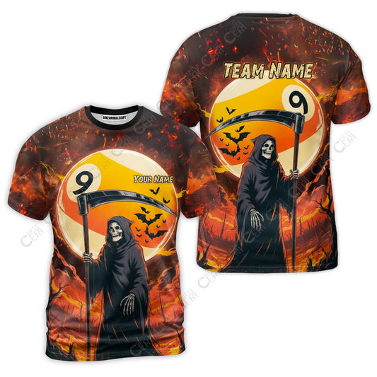 Customized Billiards T-Shirt, Personalized Halloween Grim Reaper Death Shot 9 Ball Jersey Gift For Billiard Players