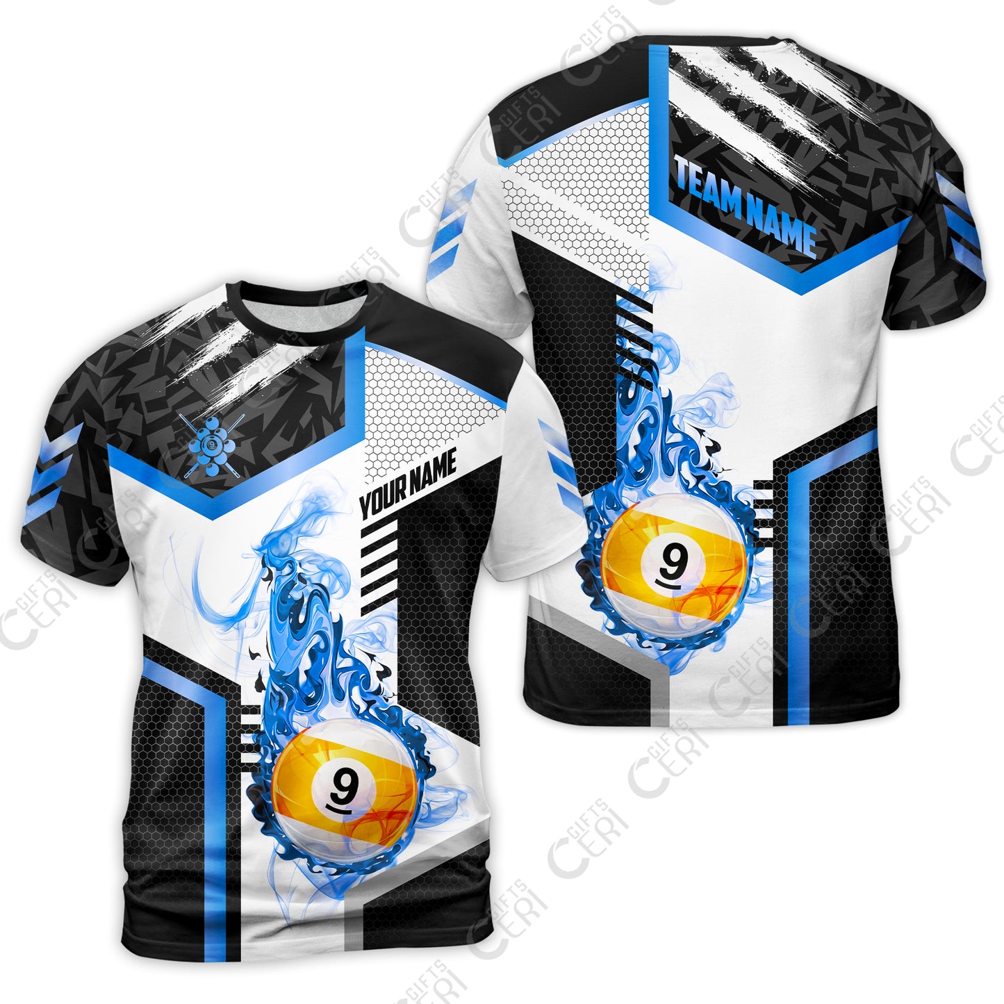 Customized 9 Ball Pool T-Shirt, Flaming 9-Ball Graphic, Billiards Jersey