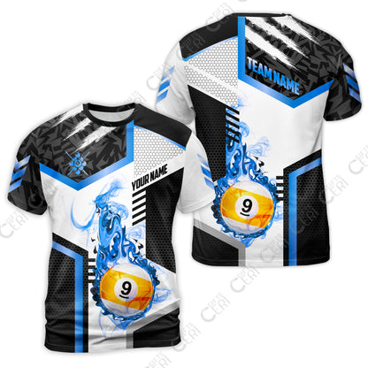 Customized 9 Ball Pool T-Shirt, Flaming 9-Ball Graphic, Billiards Jersey