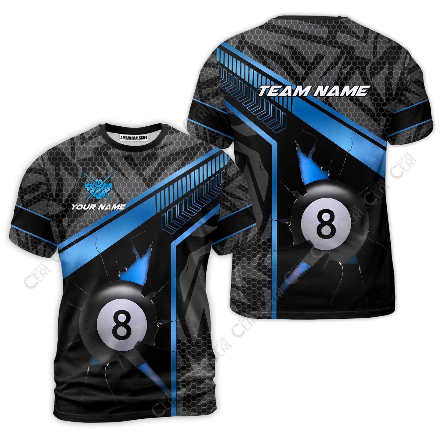 Customized Billiards T-Shirt, Personalized Hexagonal Patterns With A Cracked Glass 8 Ball Jersey