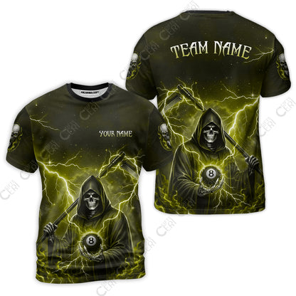 Customized 8 Ball Pool T-Shirt, Lightning And Flame Grim Reaper With 8 Ball, Personalized Billiards Jersey