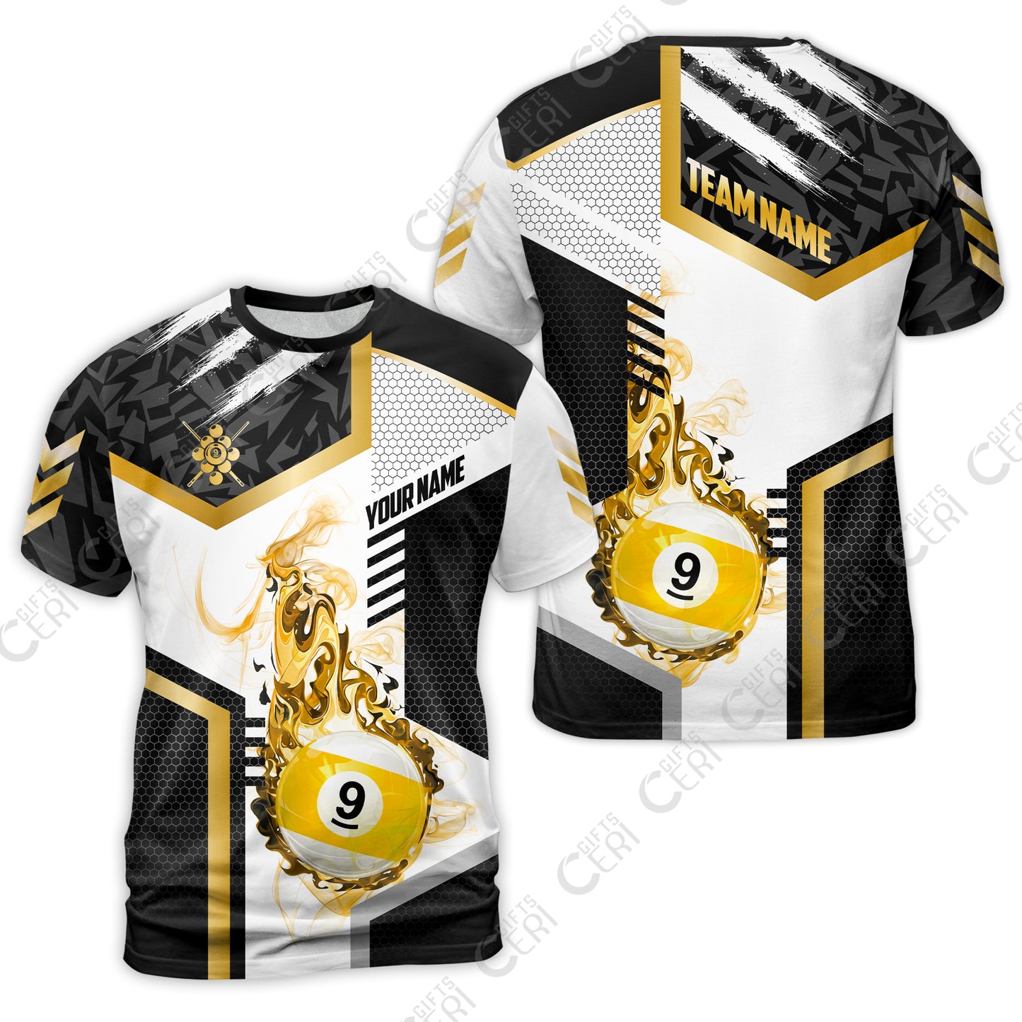 Customized 9 Ball Pool T-Shirt, Flaming 9-Ball Graphic, Billiards Jersey