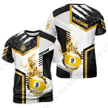 Customized 9 Ball Pool T-Shirt, Flaming 9-Ball Graphic, Billiards Jersey