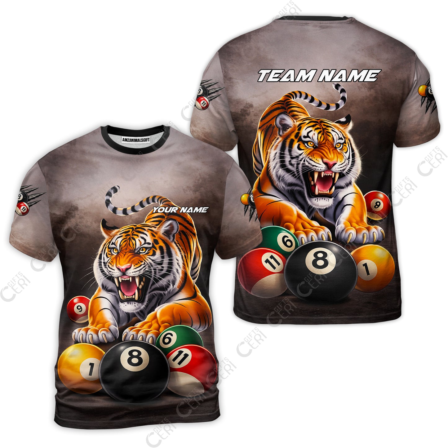 Customized 8 Ball Pool T-Shirt, Billiards 8-Ball Colorful Tiger Break, Billiards Jerseys