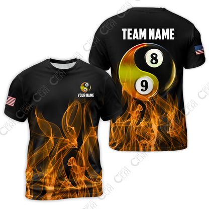 Customized Billiard T-Shirt, Billiard 8-Ball And 9-Ball Yin-Yang Flame, Billiard Jerseys