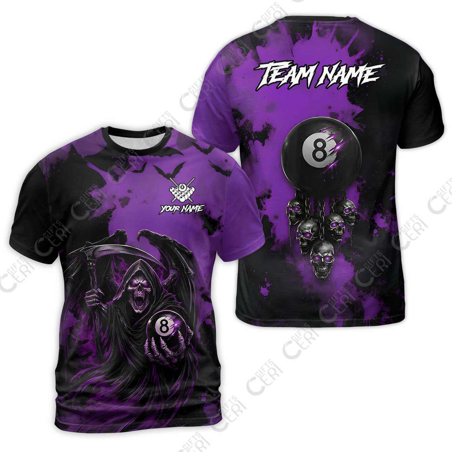 Customized 8 Ball Pool T-Shirt, Billiard Death Skull Paint Splash, Billiards Jersey