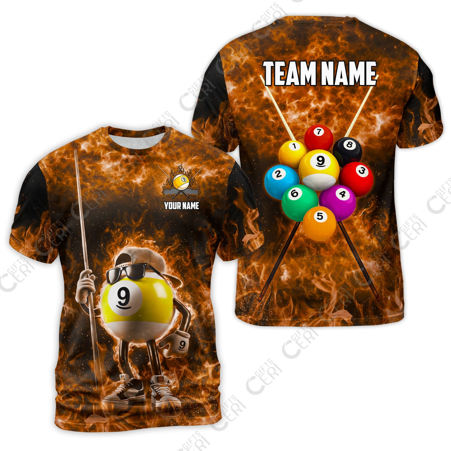 Customized 9 Ball Pool T-Shirt, 9-Ball Wearing Cap And Sunglasses Flaming Burn, Billiard Jerseys