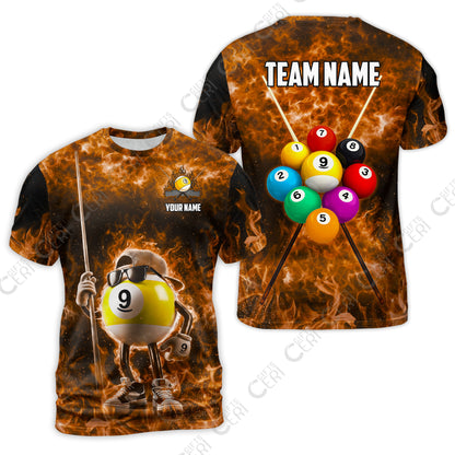 Customized 9 Ball Pool T-Shirt, 9-Ball Wearing Cap And Sunglasses Flaming Burn, Billiard Jerseys