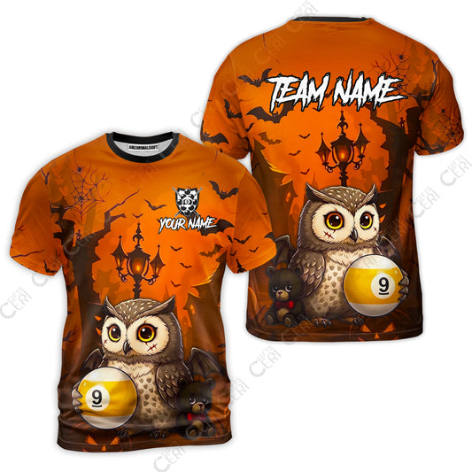 Customized 9 Ball Pool T-Shirt, Halloween Owl Holding 9-Ball, Personalized Billiards Jersey