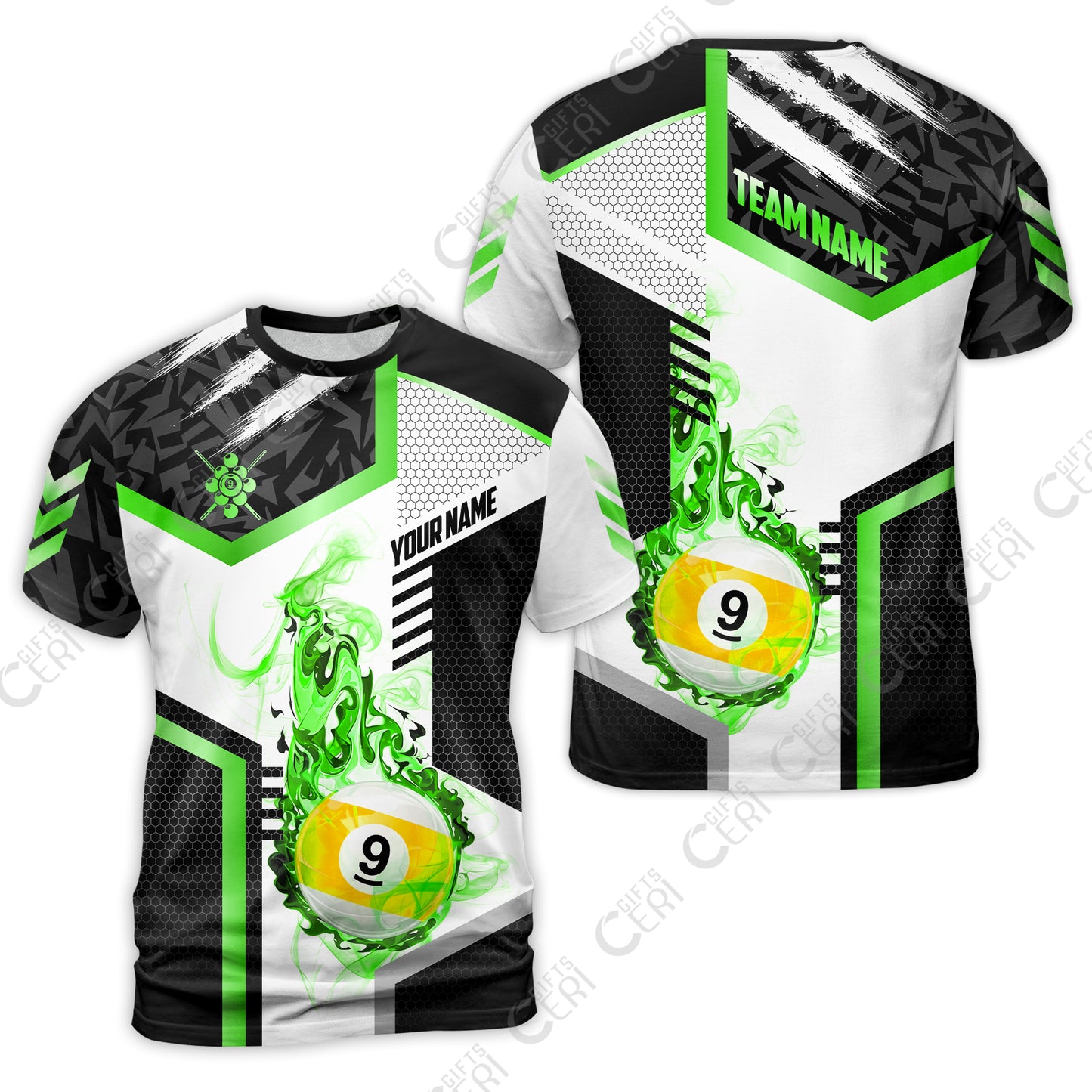 Customized 9 Ball Pool T-Shirt, Flaming 9-Ball Graphic, Billiards Jersey