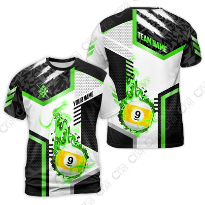 Customized 9 Ball Pool T-Shirt, Flaming 9-Ball Graphic, Billiards Jersey