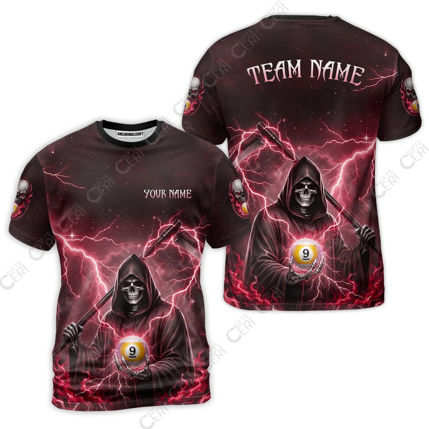 Customized 9 Ball Pool T-Shirt, Lightning And Flame Grim Reaper With 9 Ball, Personalized Billiards Jersey