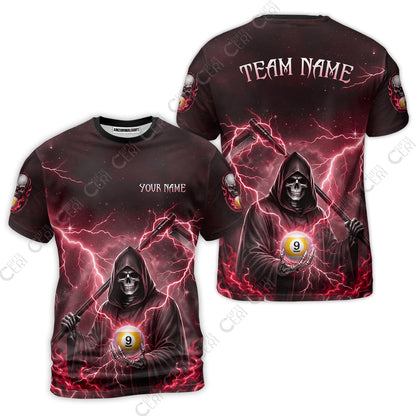 Customized 9 Ball Pool T-Shirt, Lightning And Flame Grim Reaper With 9 Ball, Personalized Billiards Jersey