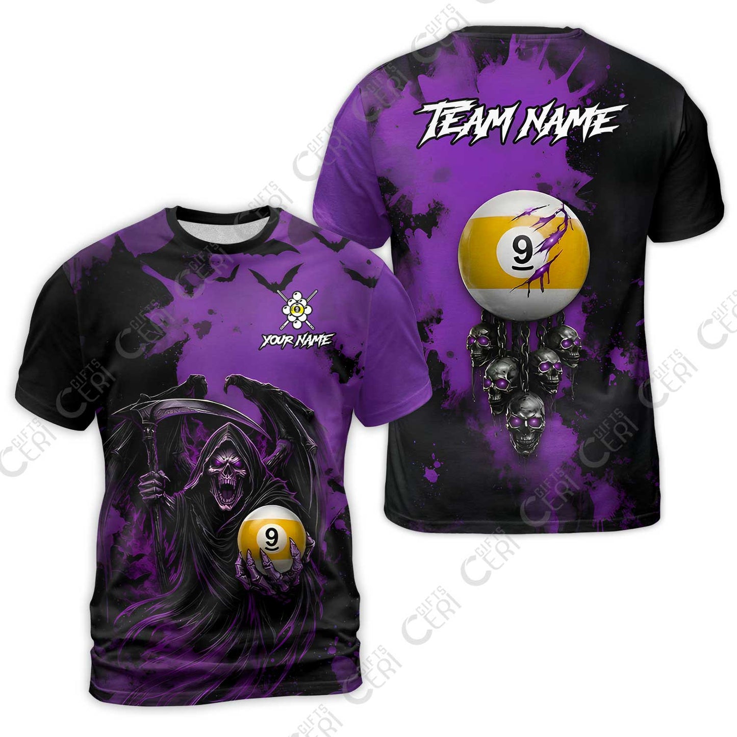 Customized 9 Ball Pool T-Shirt, Billiard Death Skull Paint Splash 9-Ball, Billiards Jersey