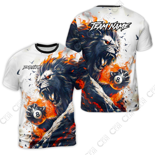 Customized 8 Ball Pool T-Shirt, Lion Fire Lava 8-Ball, Personalized Billiards Jersey