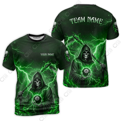 Customized 8 Ball Pool T-Shirt, Lightning And Flame Grim Reaper With 8 Ball, Personalized Billiards Jersey