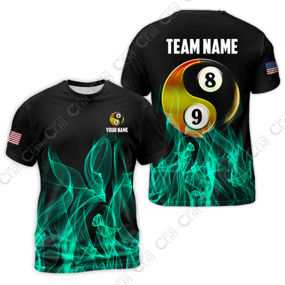Customized Billiard T-Shirt, Billiard 8-Ball And 9-Ball Yin-Yang Flame, Billiard Jerseys
